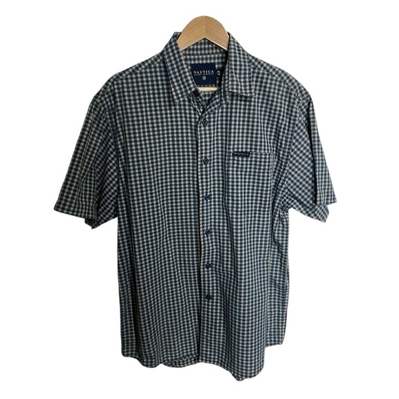 Nautica Jeans Short Sleeve Blue/Grey Gingham Print Button-Down - Picture 6 of 6